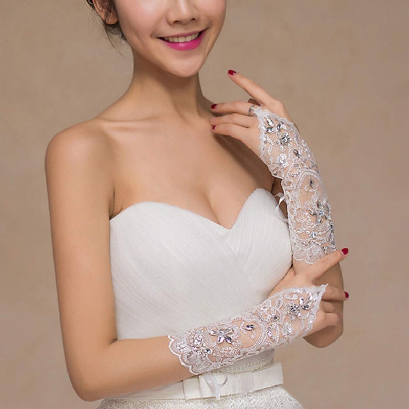 Ayliss Lace Fingerless Rhinestone Bridal Gloves - Crystal Bridal Lace Gloves for Wedding Party Opera Prom Halloween (White) - Image 2